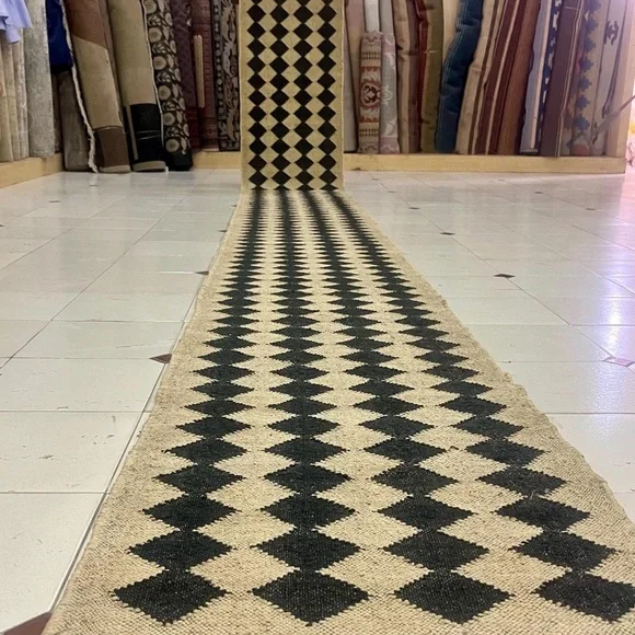 Geometric Black and Cream Runner Rug